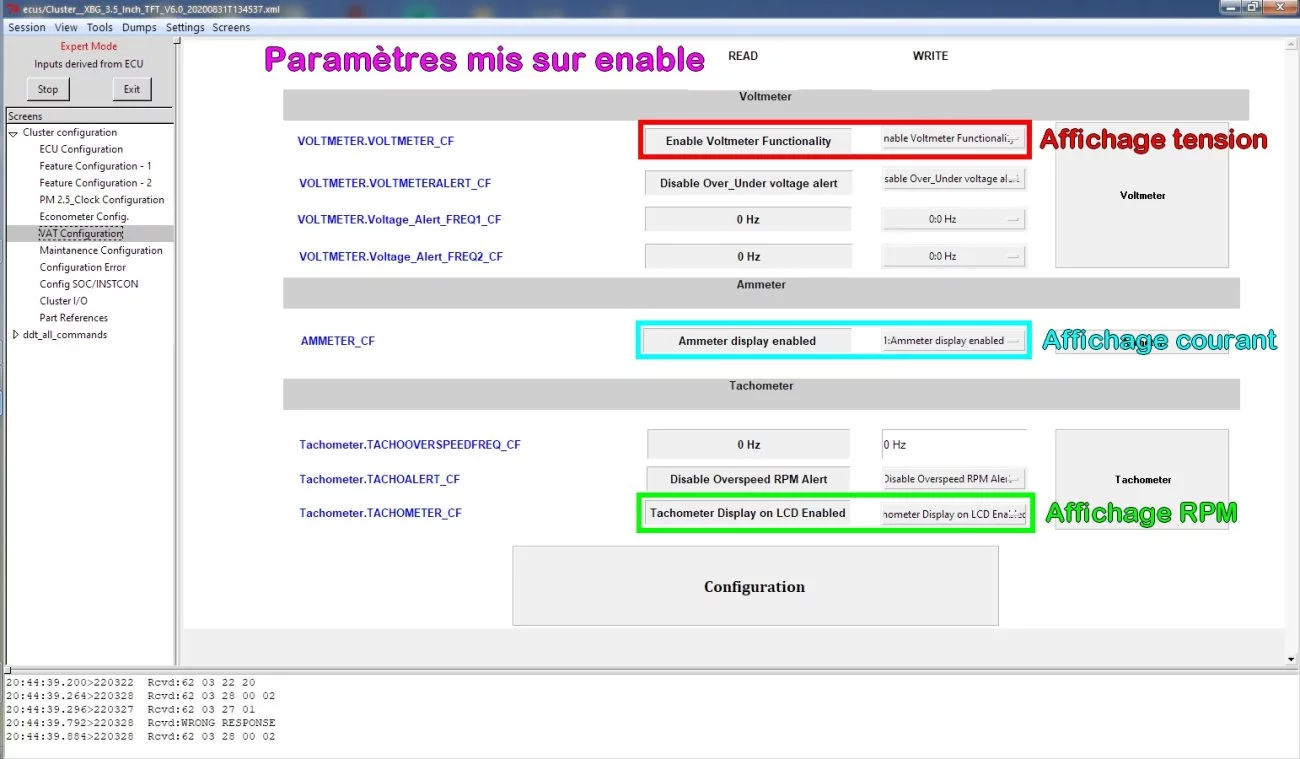 Affichage, tension courant et RPM sur cluster.jpg